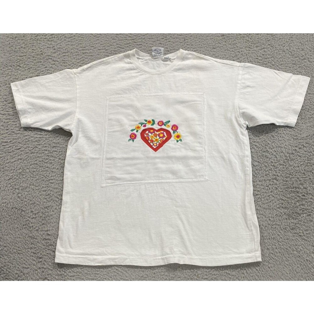 Johnny Was Shirt Womens One Size White Embroidered Heart Floral Boho Made USA